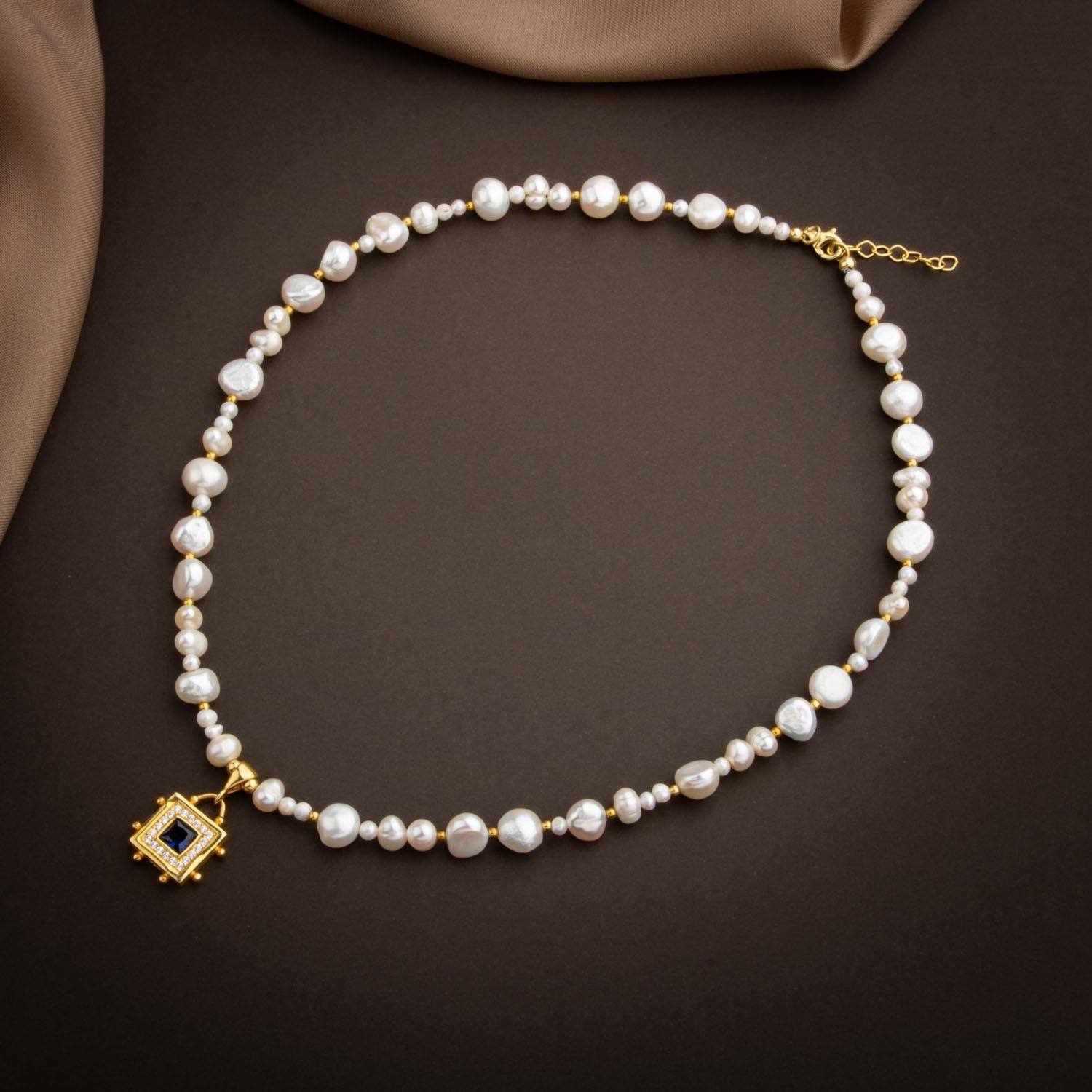 Lapis Lazuli Taşlı İnci Doğal Taş Gümüş Tasarım Kolye - 54cm