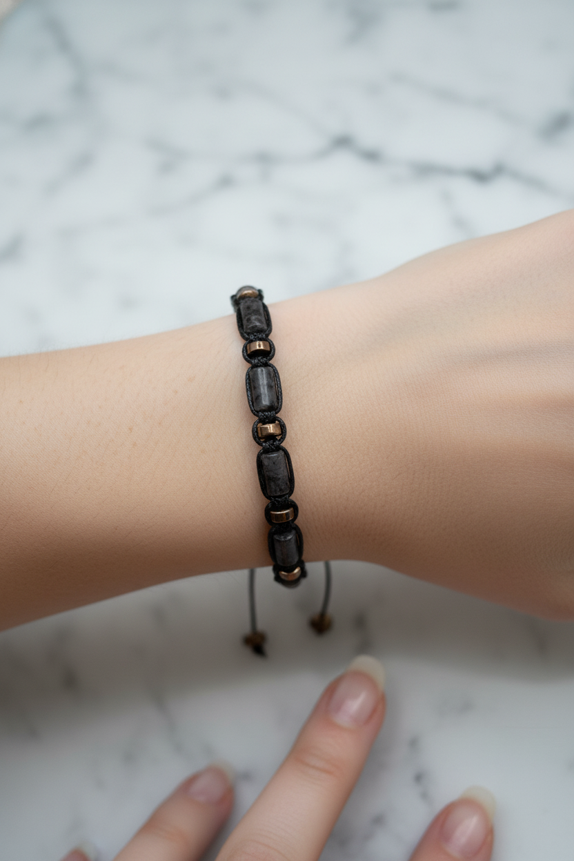 Spektrolit ve Hematit Doğal Taş Bileklik – İpli Köşeli Makrome Model, Unisex Tasarım