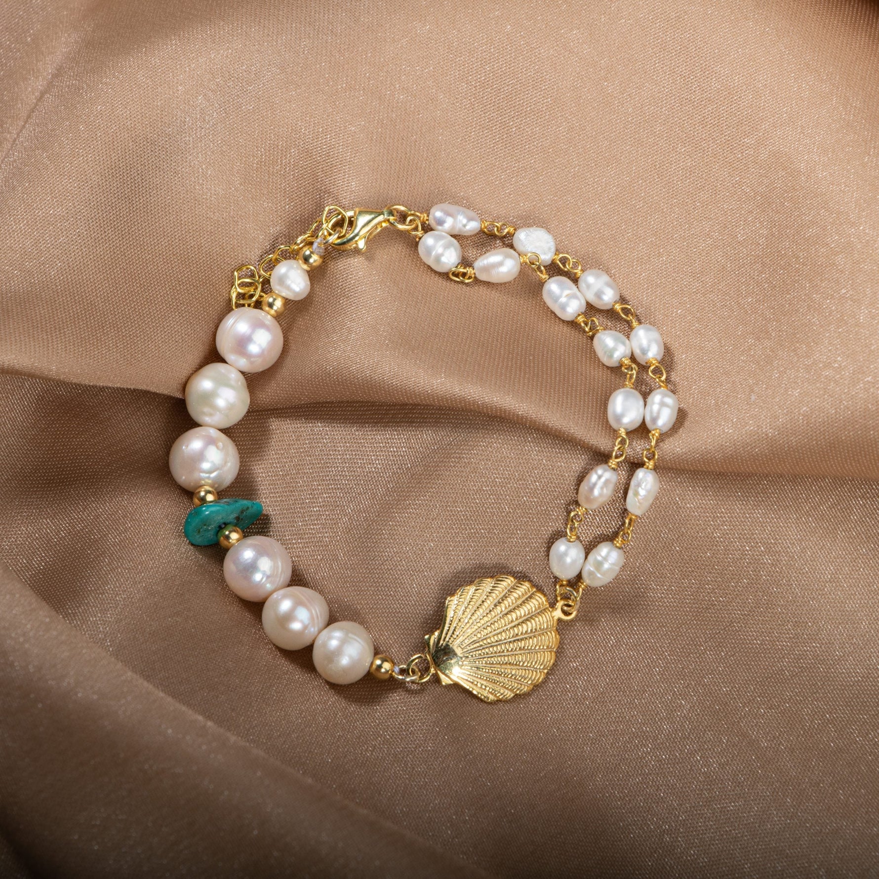 İnci-Turkuaz Doğal Taş Gümüş Midye Bileklik