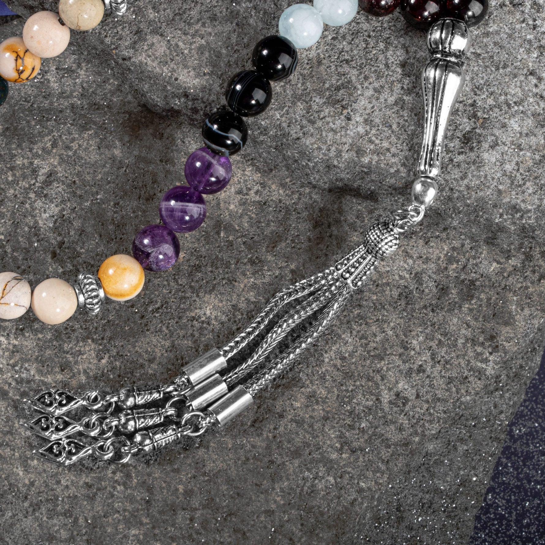 Koç Burcu Tesbih Akuamarin, Ametist, Bordo Granat Lal, Kan Taşı, Sarı Jasper, Siyah Göz Akik