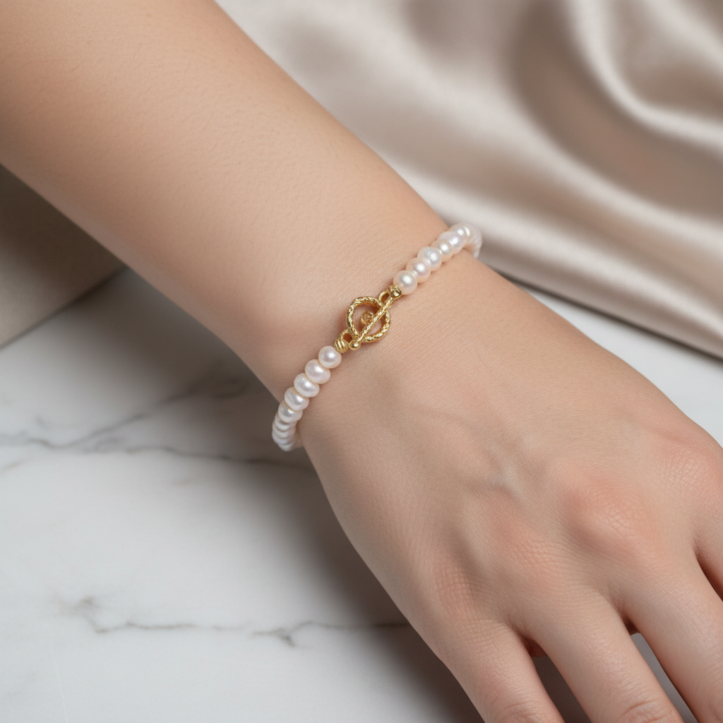 İnci Gümüş Aparat Altın Kaplama Doğal Taş Bileklik