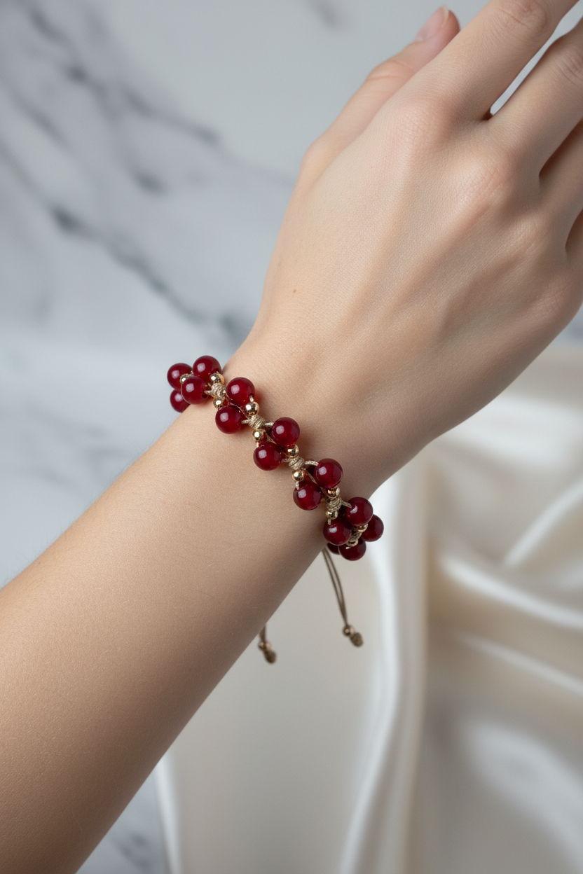 Kırmızı Akik Doğal Taş Merdiven Kapama Bileklik – Ayarlanabilir İpli Tasarım