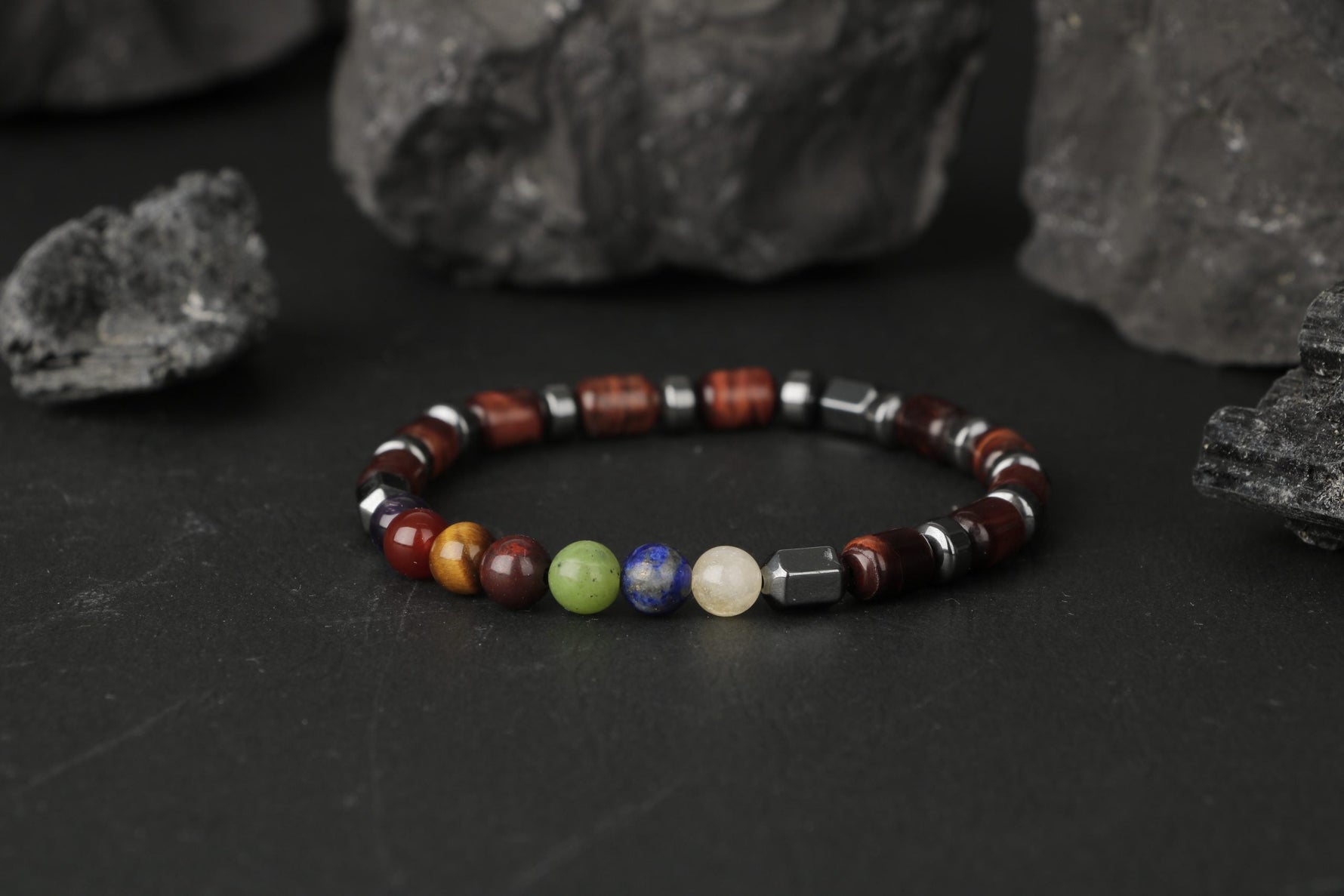 Kaplan Gözü-Çakra Bileklik Ametist, Lal, Kaplan Gözü, Akik, Lapis, Yeşim, Kalsit