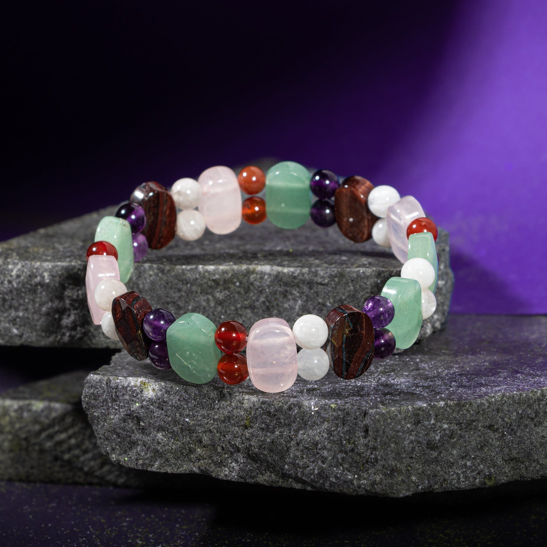 Yengeç Burcu Bileklik Ametist, Ay Taşı, Kaplan Gözü, Kırmızı Akik, Pembe Kuvars, Yeşil Aventurin