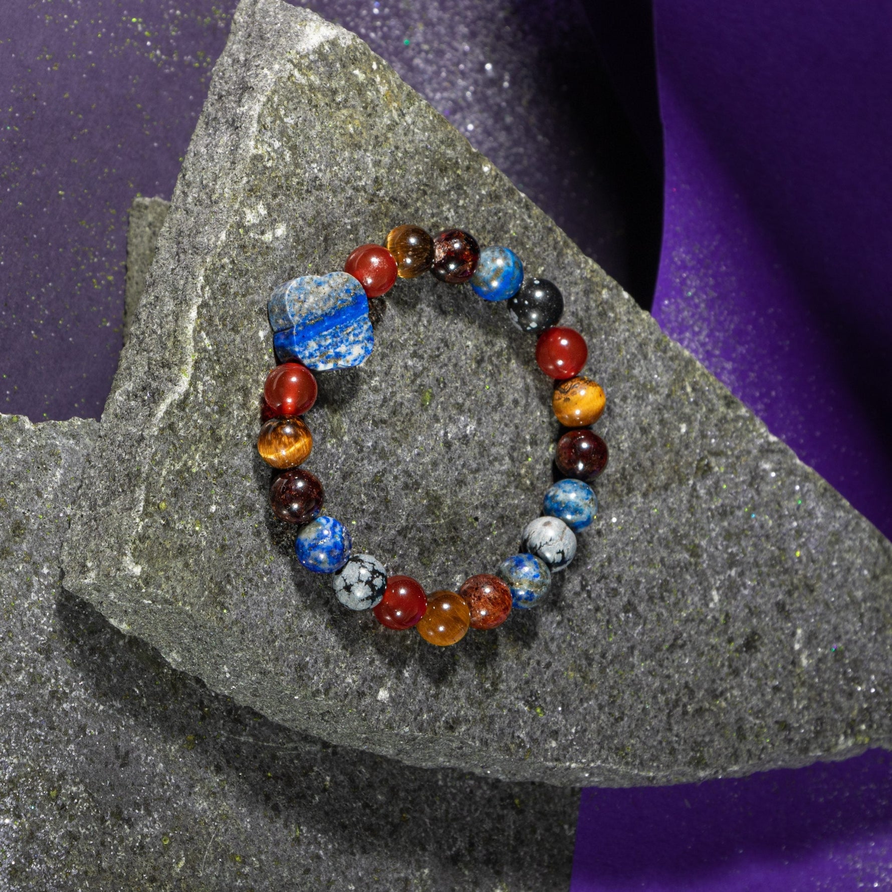 Oğlak Burcu Bileklik Bordo Granat Lal, Kaplan Gözü, Karlı Obsidyen, Kırmızı Akik, Lapis Lazuli