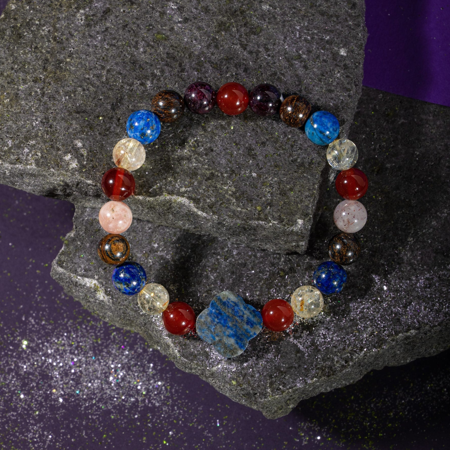 Aslan Burcu Bileklik Bordo Granat Lal, Bronzit, Güneş Taşı, Kırmızı Akik, Lapis Lazuli, Sitrin