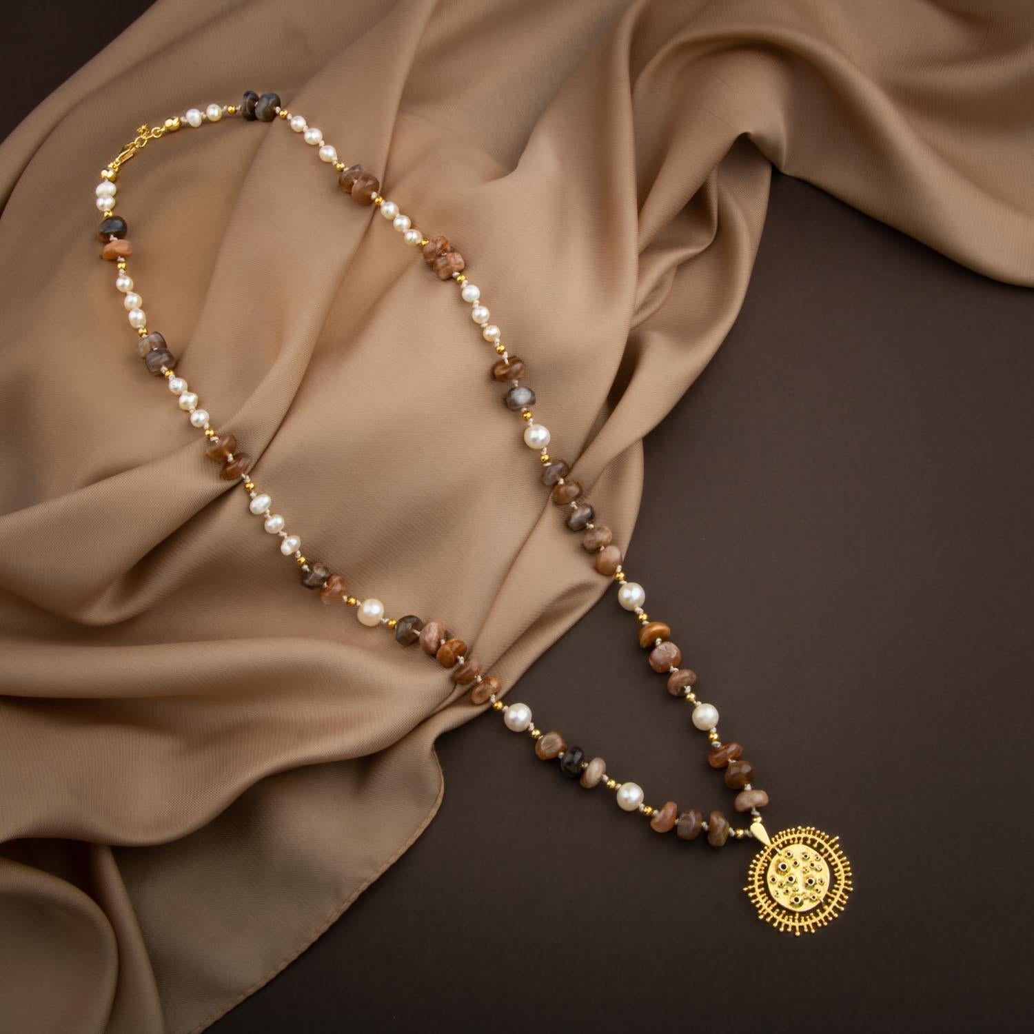 Güneş Taşı-İnci Doğal Taş Gümüş Tasarım Kolye - 60cm