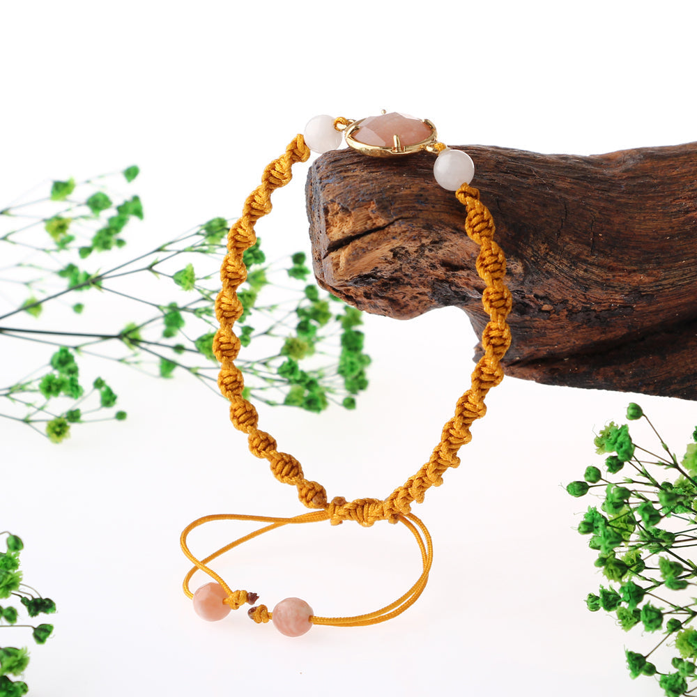 Güneş Taşı-Pembe Kuvars Doğal Taş Makrome Örgü Bileklik