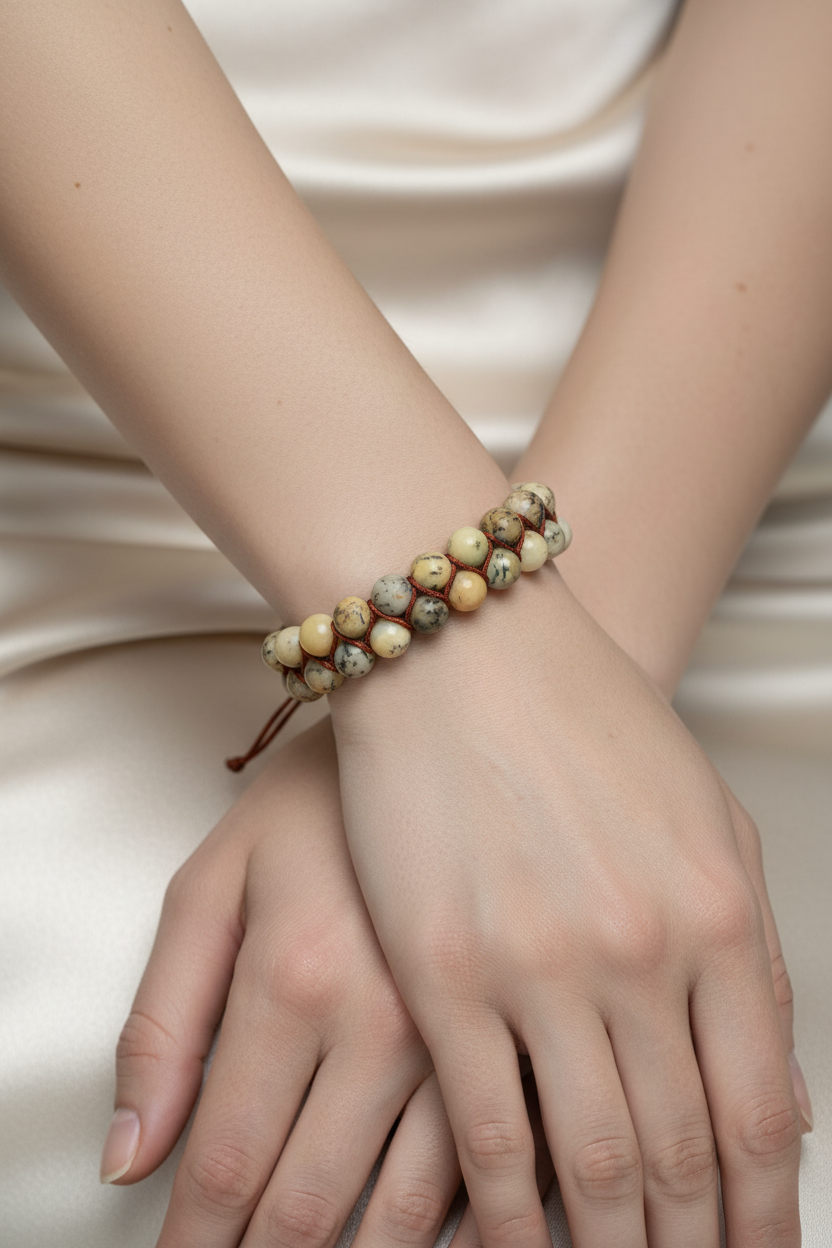 Opal Sarı 8mm Çift Sıra Makrome Doğal Taş Bileklik