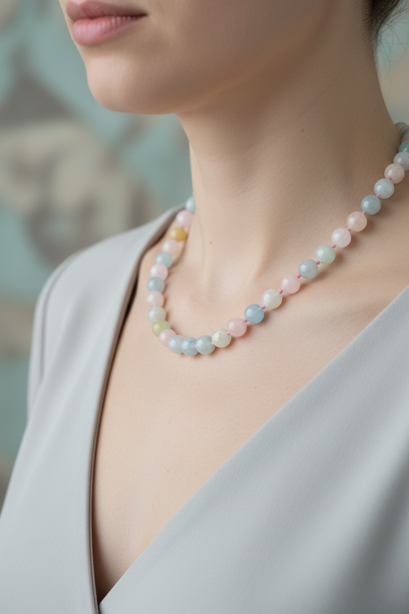 Heliodor Doğal Taş Kolye – 8 mm Düğümlü, Unisex Tasarım