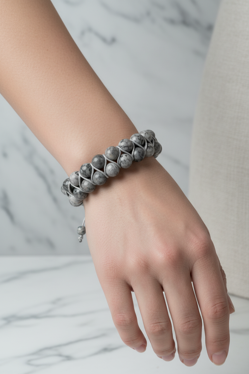 Gri Jasper 8mm Çift Sıra Makrome Doğal Taş Bileklik