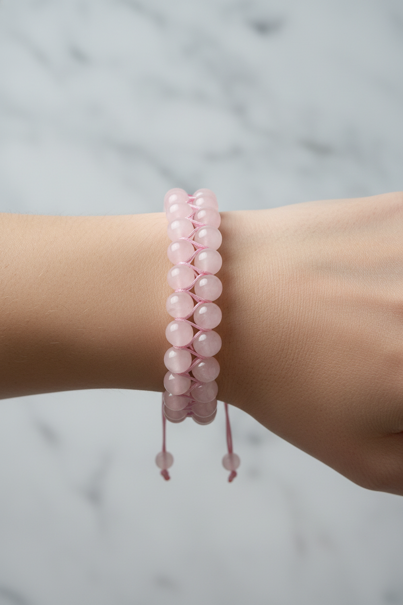 Pembe Kuvars (Gül Kuvars) 8mm Çift Sıra Makrome Doğal Taş Bileklik