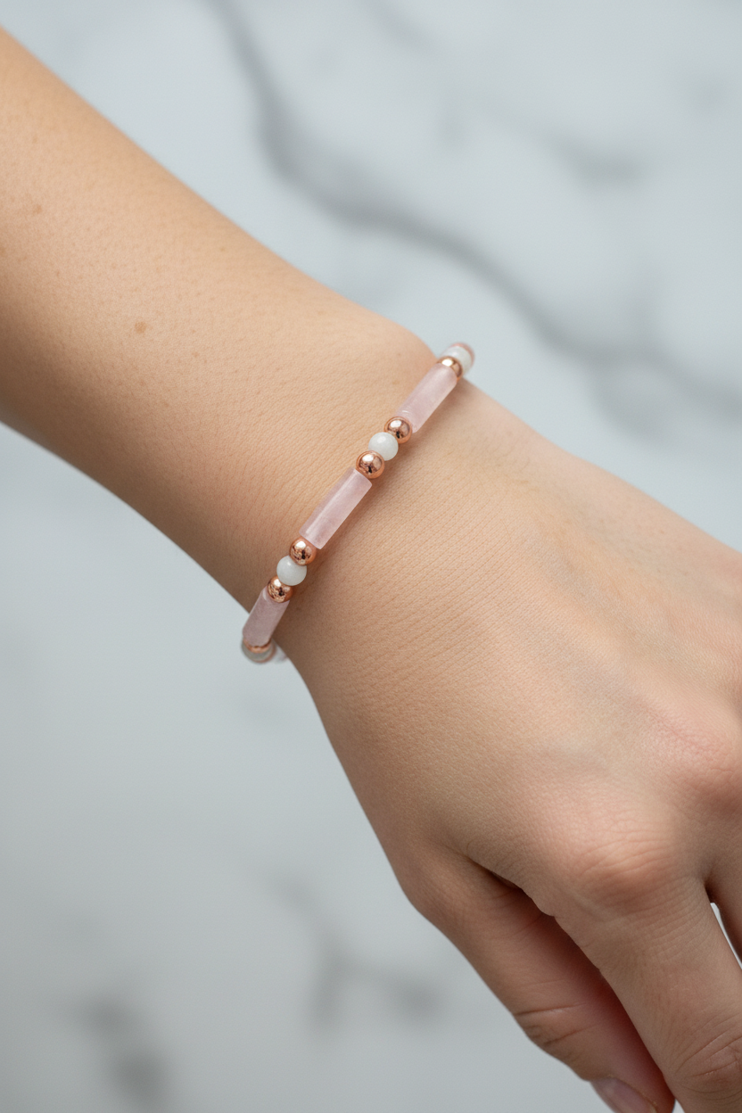 Pembe Kuvars, Ay Taşı ve Hematit Doğal Taş Bileklik – Unisex Şık Tasarım