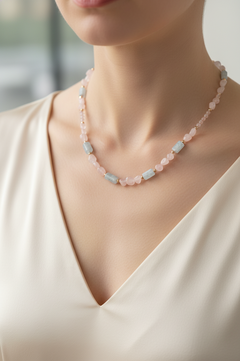 Pembe Kuvars & Akuamarin Doğal Taş Kolye – Özel Tasarım