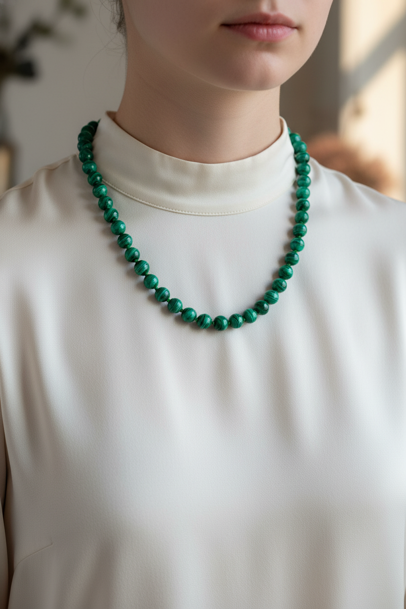 Malakit Doğal Taş Kolye – 8 mm Düğümlü, Unisex Tasarım