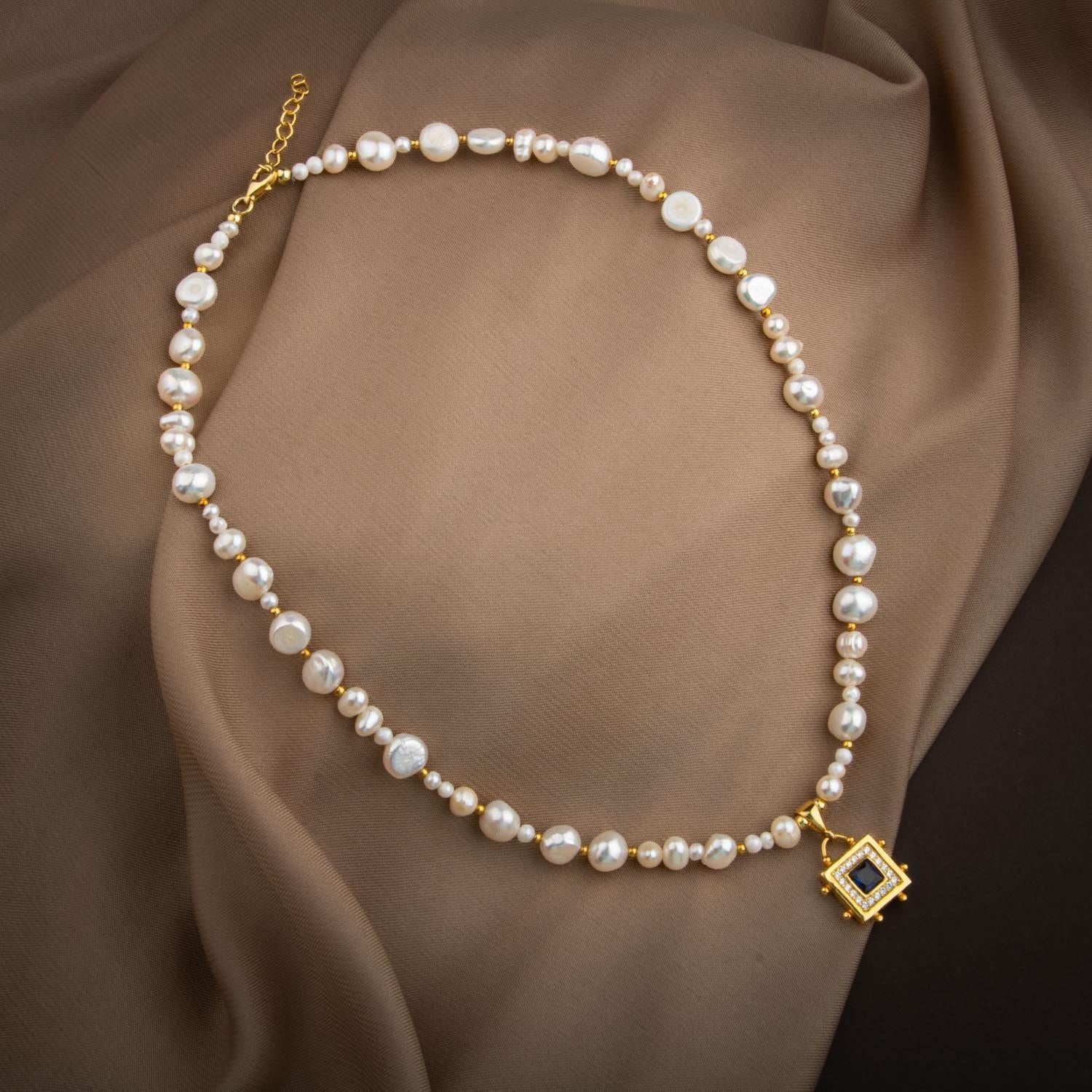 Lapis Lazuli Taşlı İnci Doğal Taş Gümüş Tasarım Kolye - 54cm