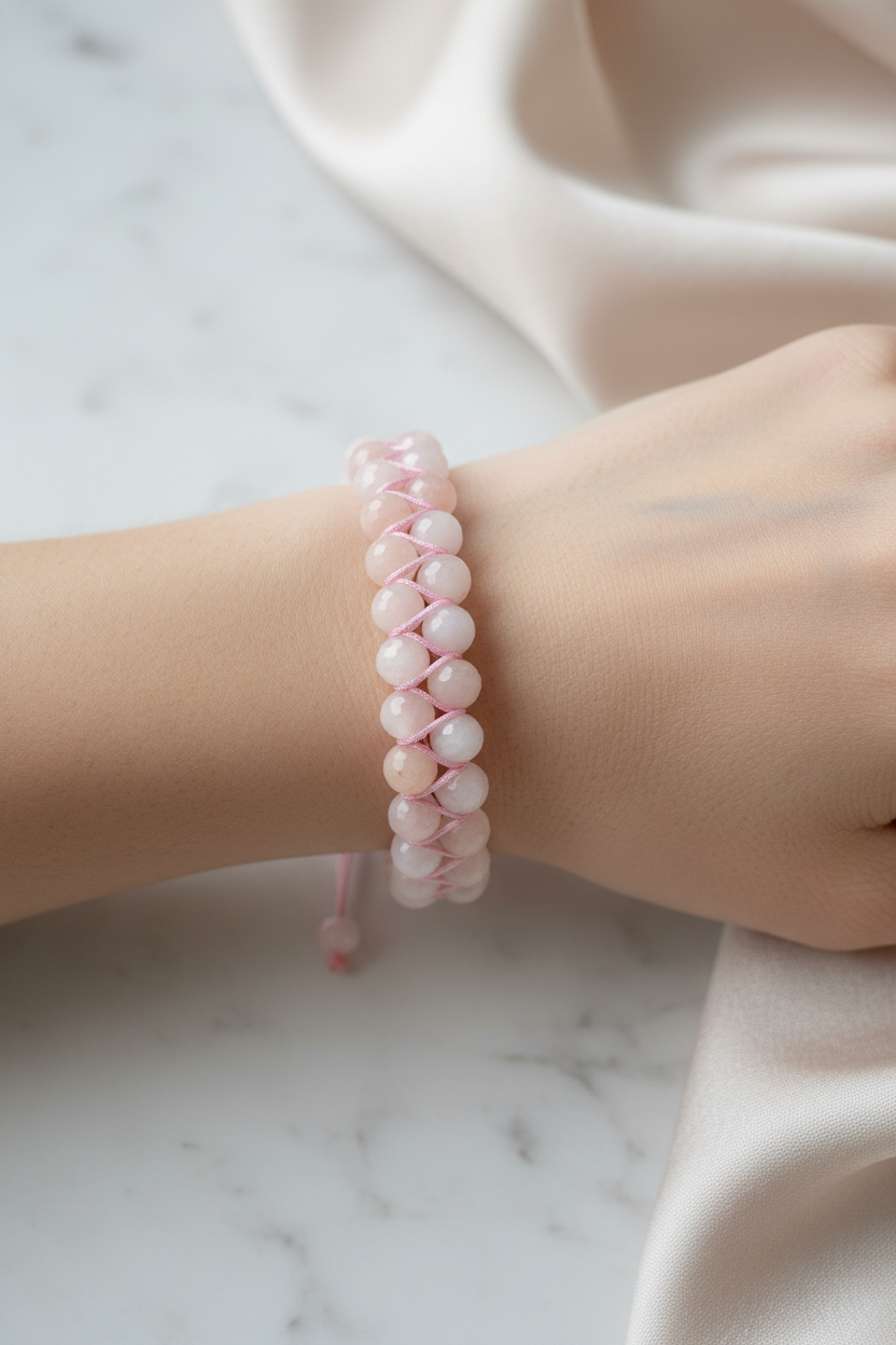 Morganit 8mm Çift Sıra Makrome Doğal Taş Bileklik