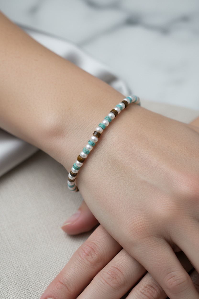 İnci Kaplan Gözü Turkuaz Gümüş Kapama Doğal Taş Bileklik