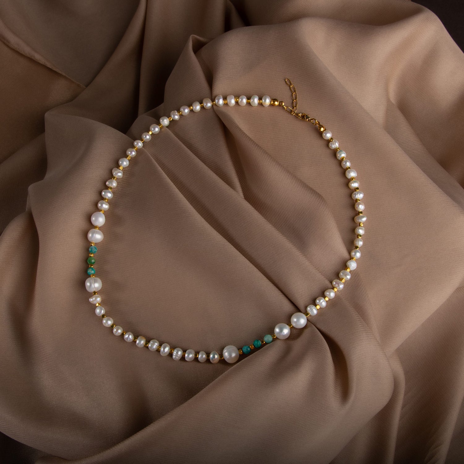 İnci-Amazonit Doğal Taş Altın Kaplama Kapama Kolye