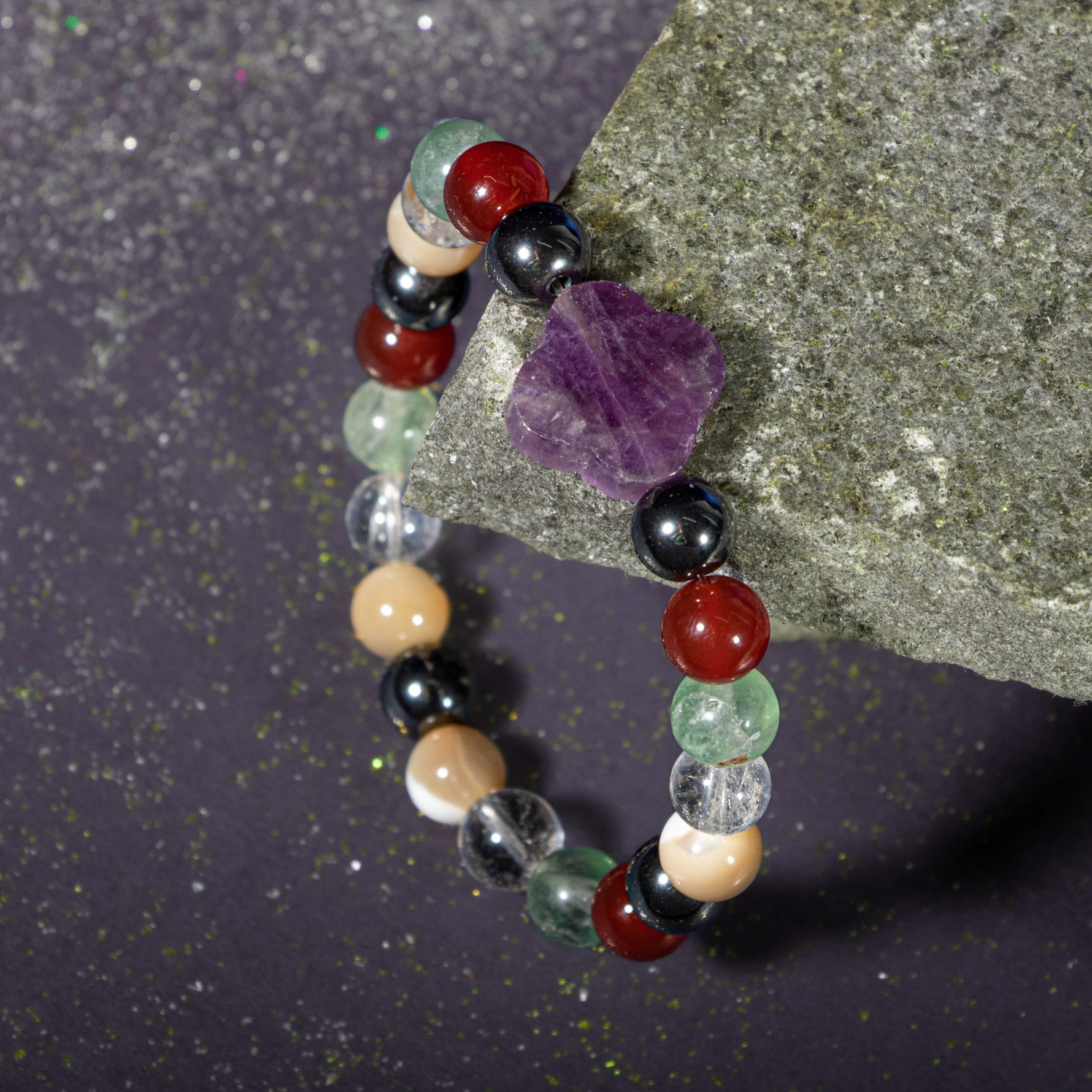 Kova Burcu Bileklik Ametist, Hematit, Kırmızı Akik, Kristal Kuvars, Sedef, Yeşil Florit