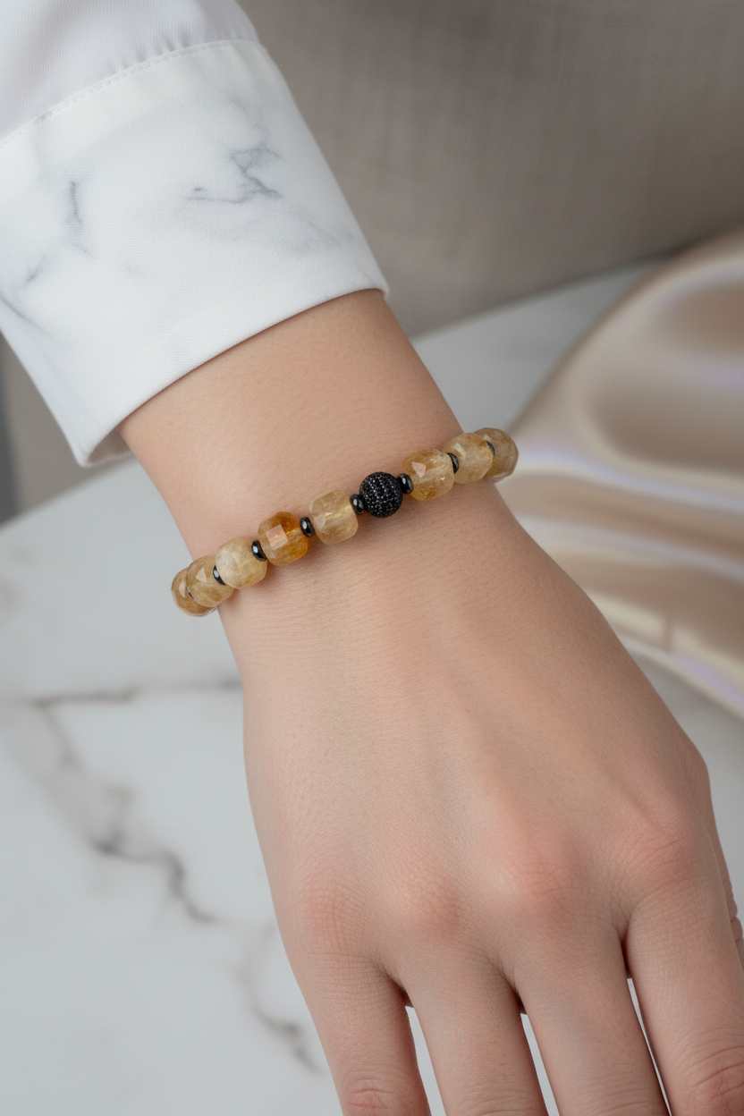 Özel Kesim Sitrin & Hematit Doğal Taş Bileklik – 10 mm Zirkon Aparatlı Tasarım