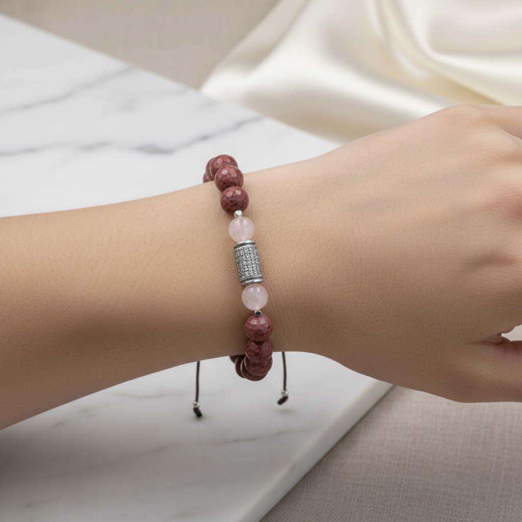 Rodonit & Pembe Kuvars Doğal Taş Zirkon Bileklik – Özel Tasarım
