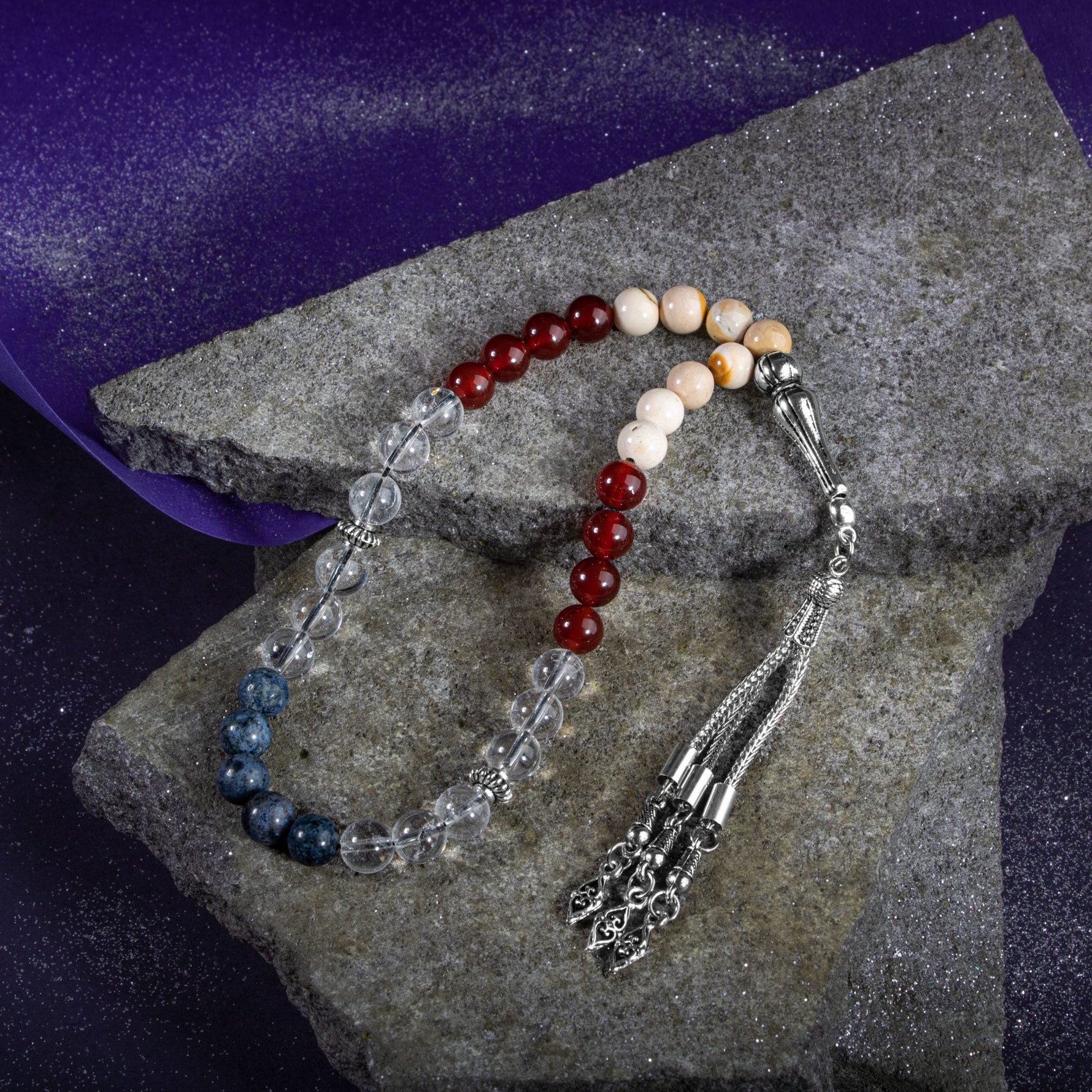 Oğlak Burcu Tesbih Dumortierit, Jasper, Kırmızı Akik, Kristal Kuvars