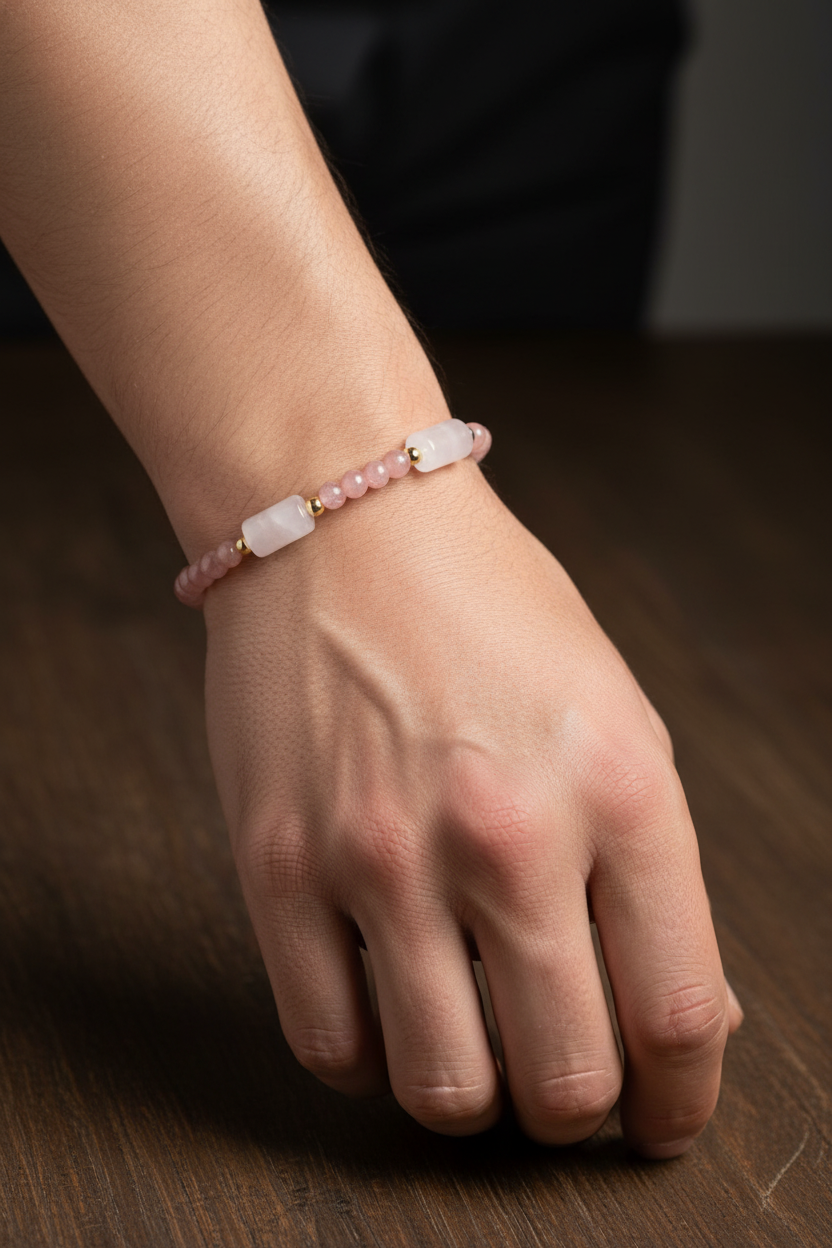 Rodokrosit, Pembe Kuvars ve Hematit Doğal Taş Bileklik – Unisex Şık Tasarım