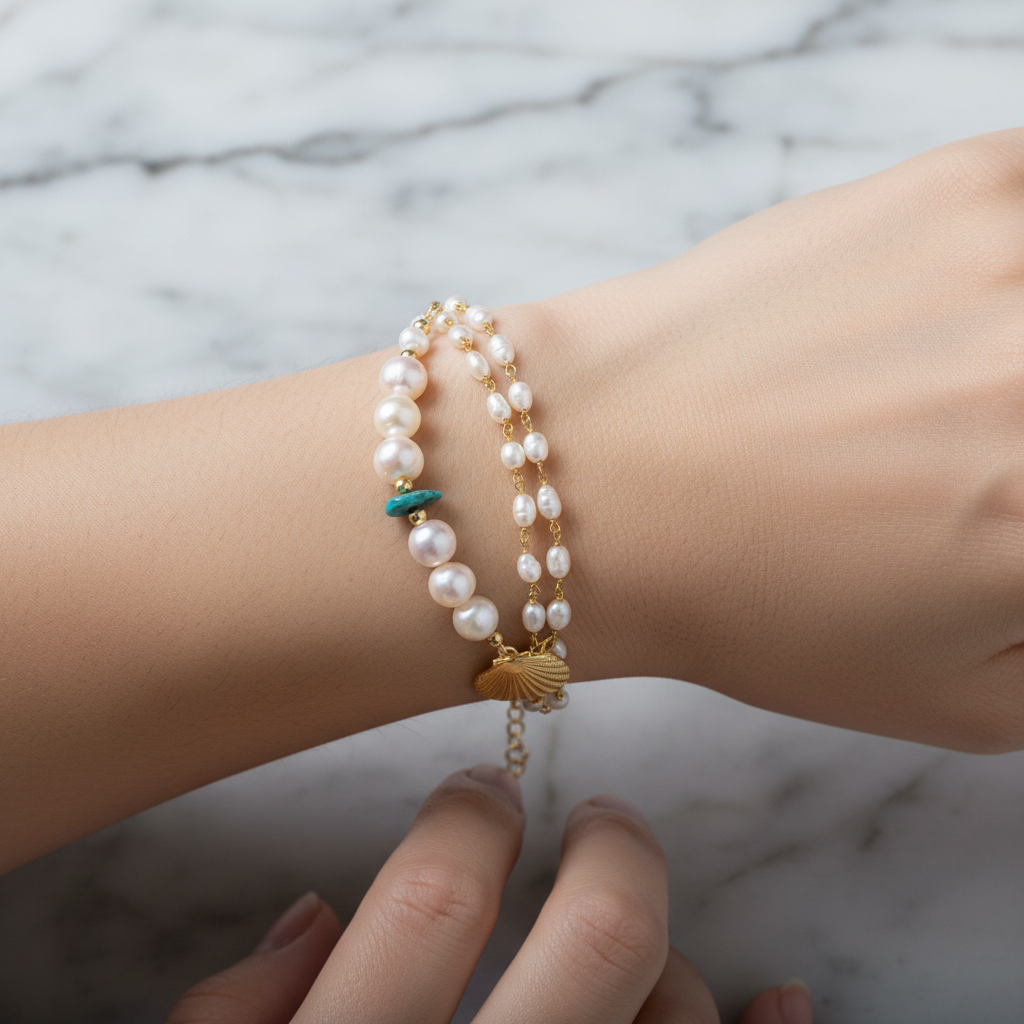 İnci & Turkuaz Doğal Taş 925 Ayar Gümüş Midye Bileklik – Özel Tasarım