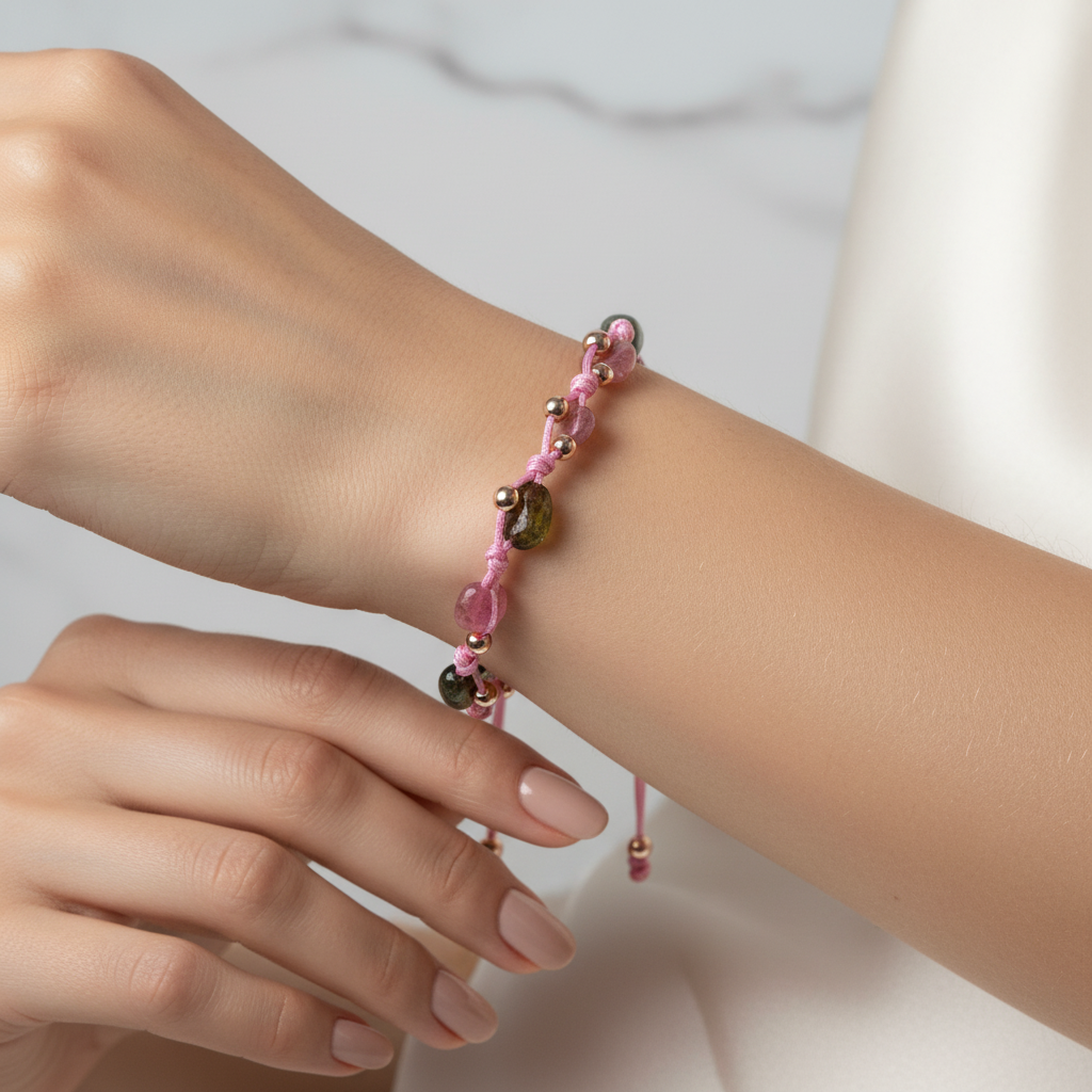 Renkli Turmalin Natürel Kesim Doğal Taş Makrome Bileklik – Unisex El İşçiliği