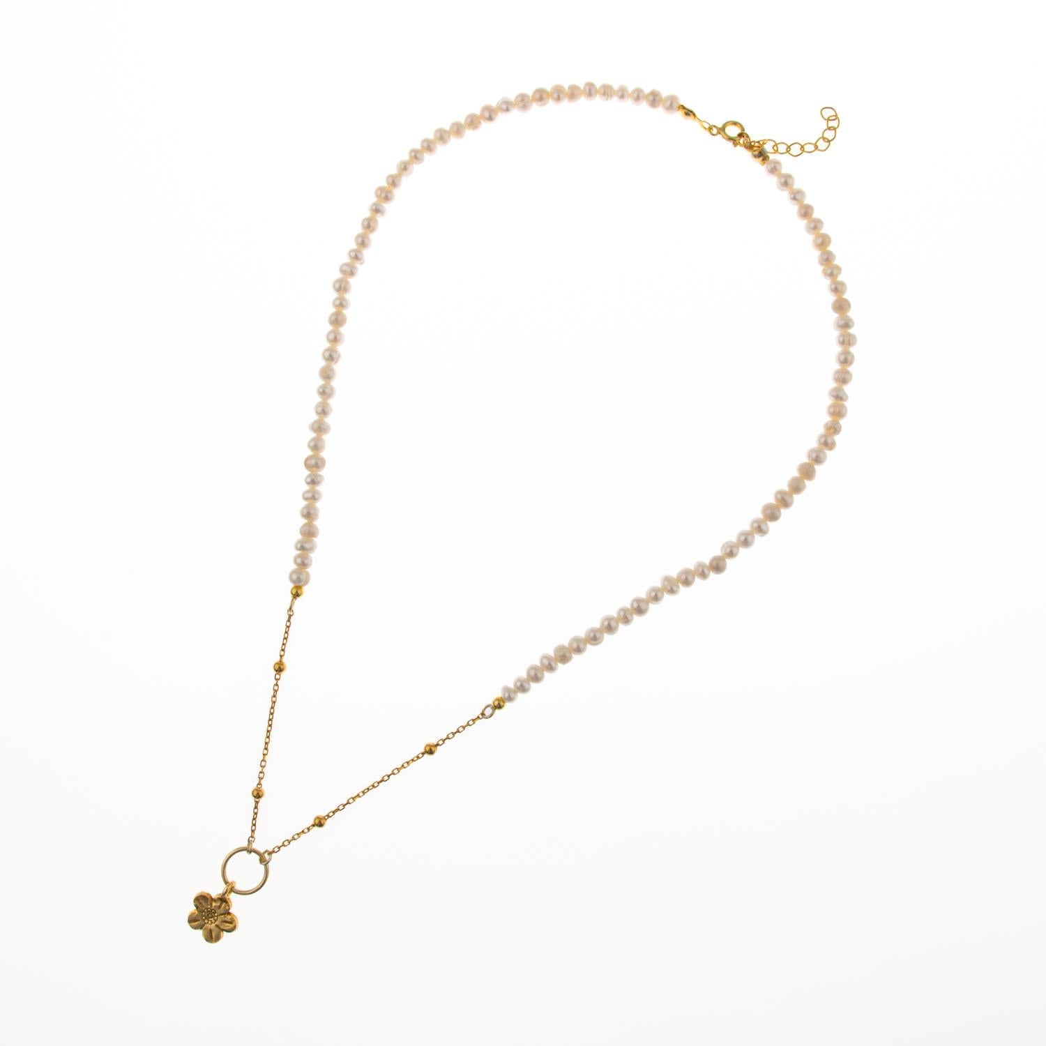 İnci Doğal Taş Gümüş Çiçekli Kolye