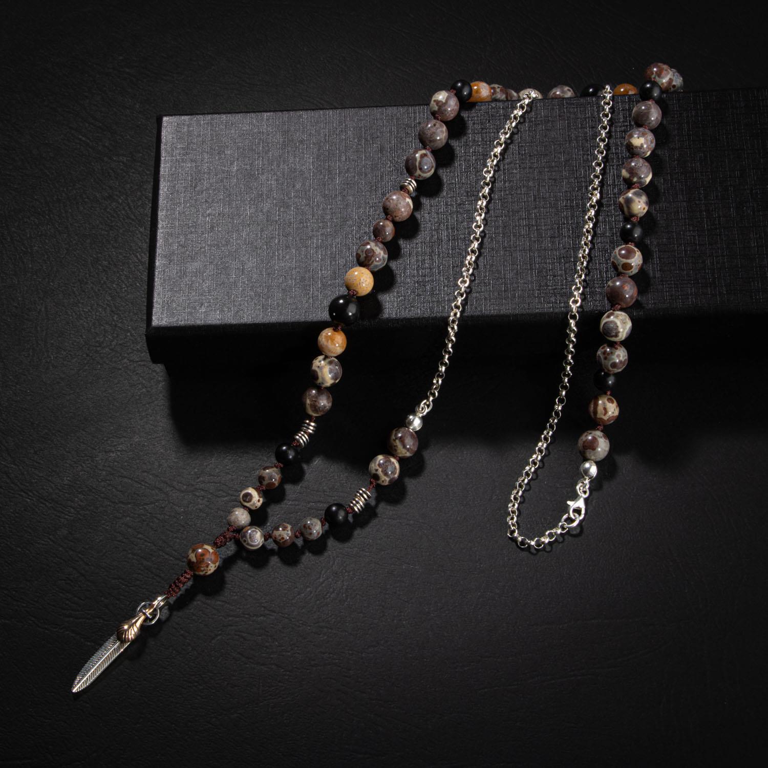 Erkek Kolyesi Fosil Mercan-Şungit-Meksika Jasper-Hematit Doğal Taş Gümüş Tasarım Kolye