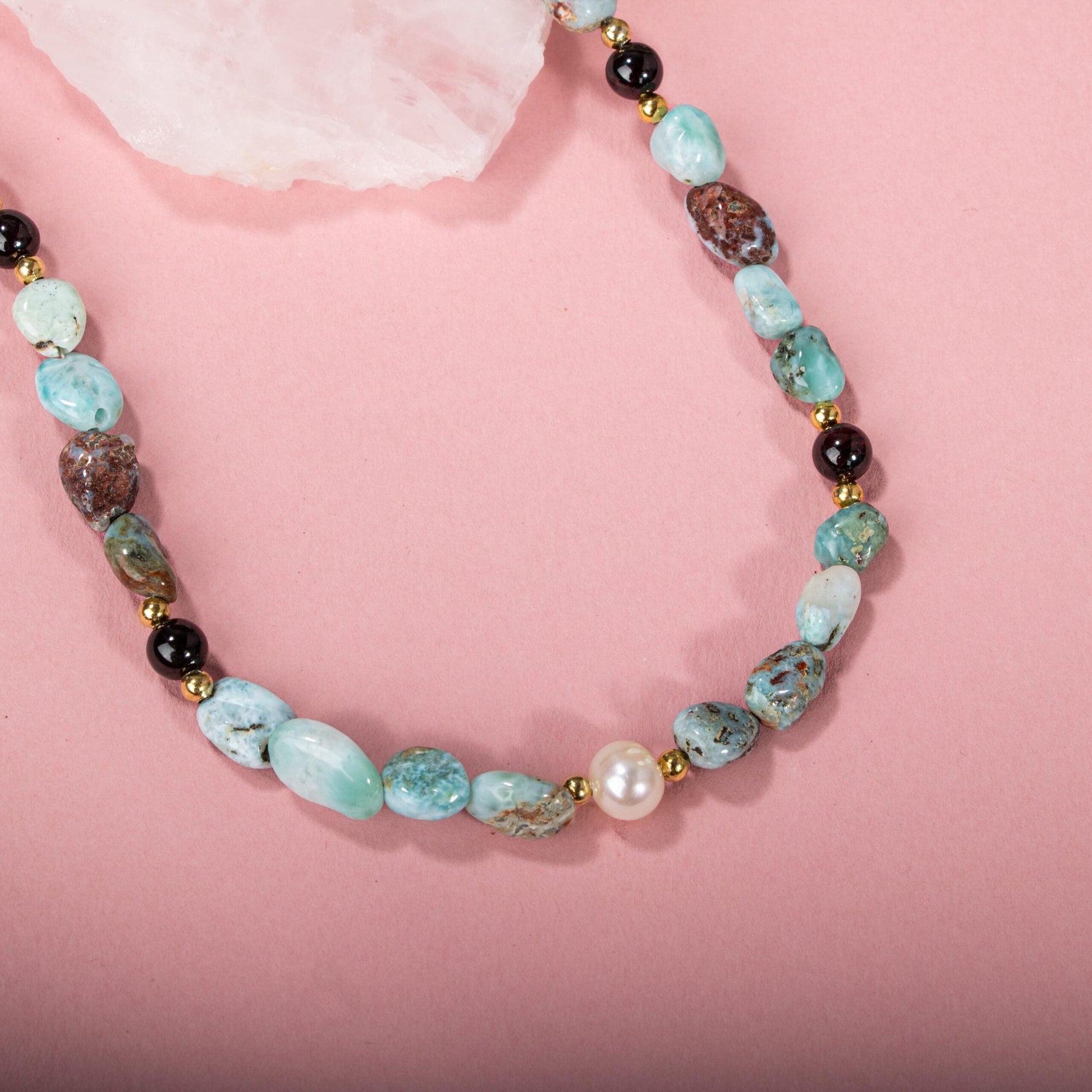 Larimar-Lal-Hematit-İnci-Ay Taşı Altın Kaplama Doğal Taş Kolye