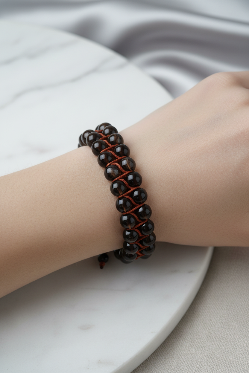 Dumanlı Kuvars 8mm Çift Sıra Makrome Doğal Taş Bileklik