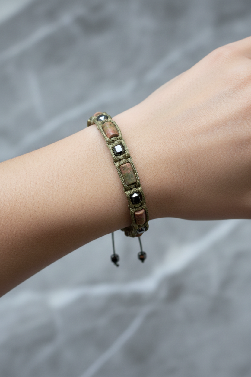 Unakit ve Hematit Doğal Taş Bileklik – İpli Köşeli Makrome Model, Unisex Tasarım