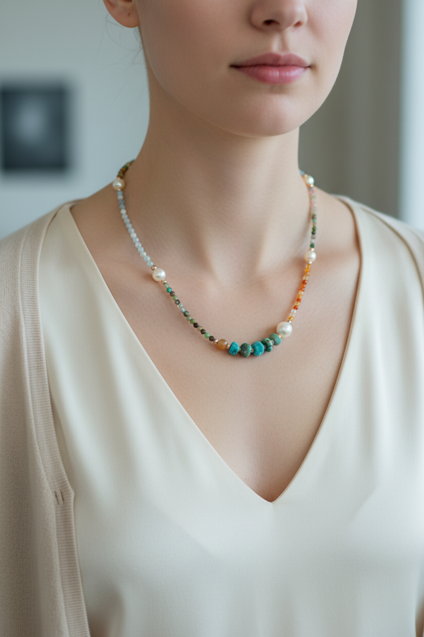 İnci, Amazonit, Turuncu Aventurin, Karnelyan Akik, Akuamarin, Renkli Turmalin & Krizopras Doğal Taş Kolye – Özel Tasarım