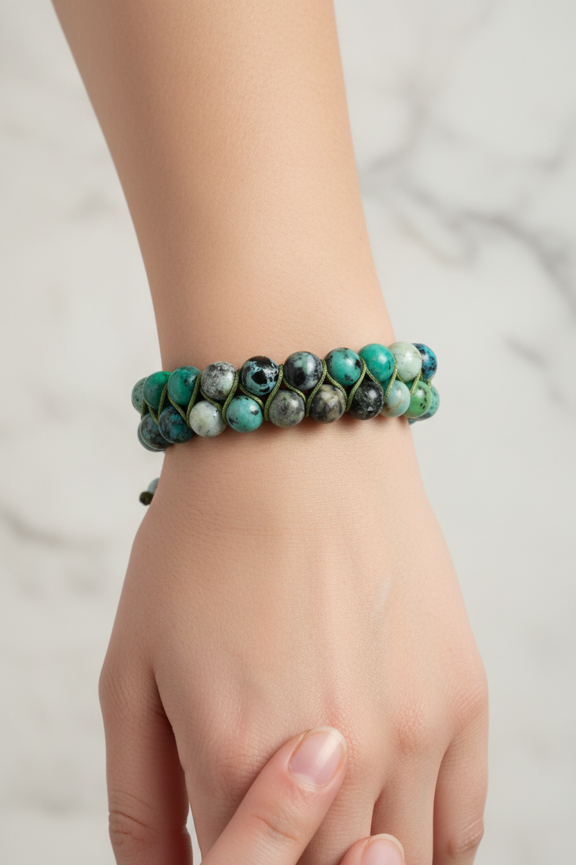İspanyol Varisit 8mm Çift Sıra Makrome Doğal Taş Bileklik
