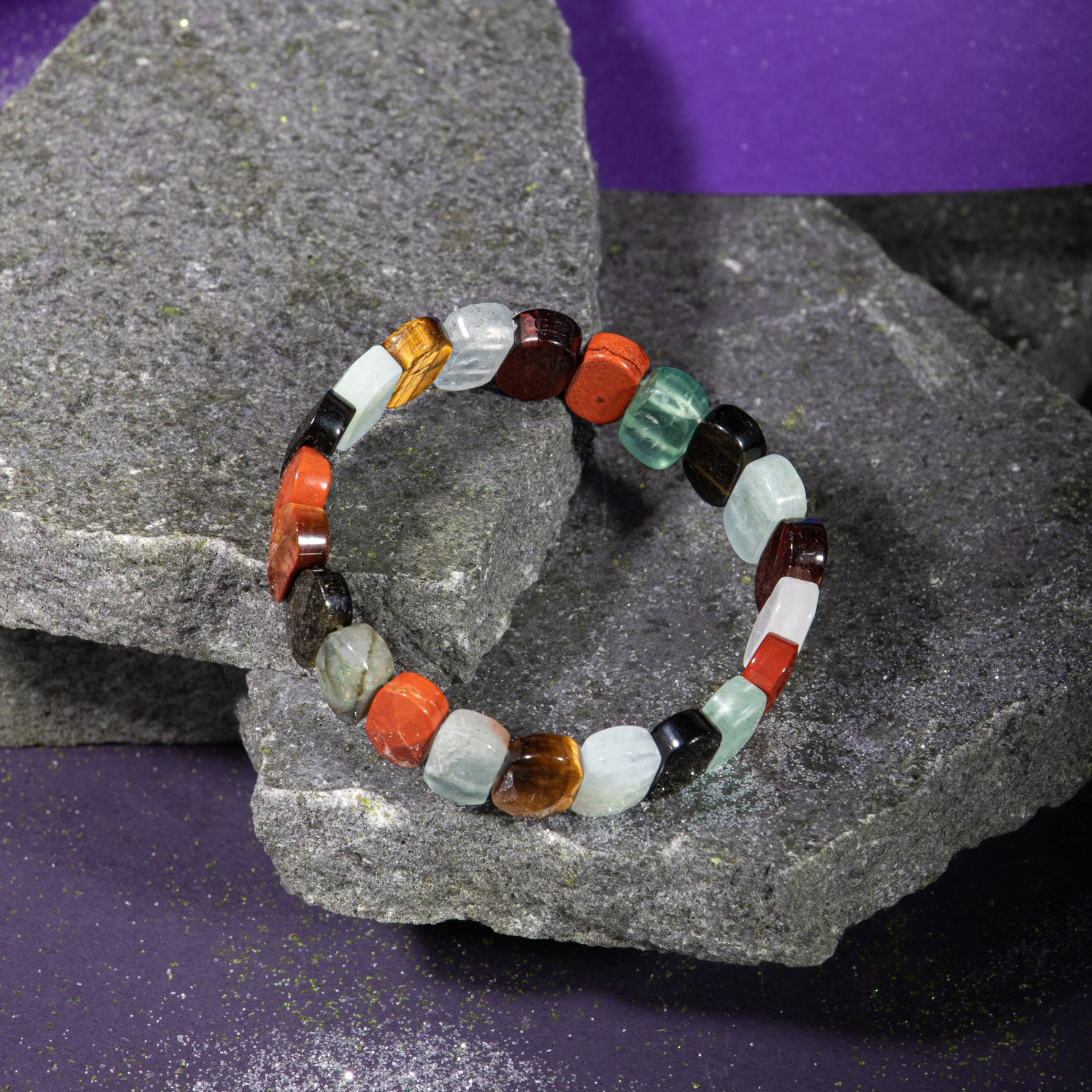 Kova Burcu Bileklik Akuamarin, Bordo Granat Lal, Jasper, Kaplan Gözü, Labradorit, Obsidyen, Selenit, Yeşil Florit