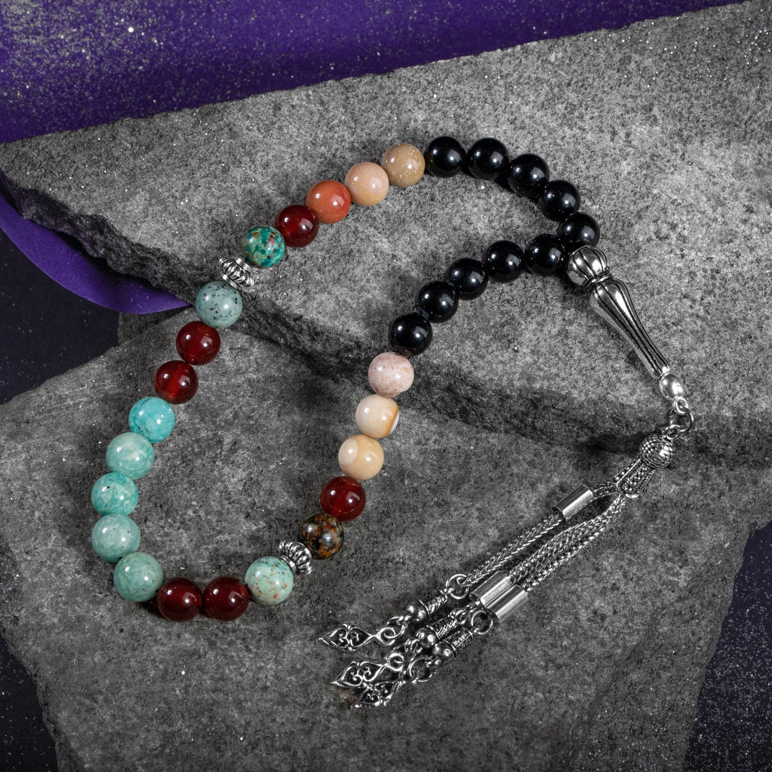 Başak Burcu Tesbih Amazonit, Jasper, Kırmızı Akik, Krizokol, Siyah Turmalin