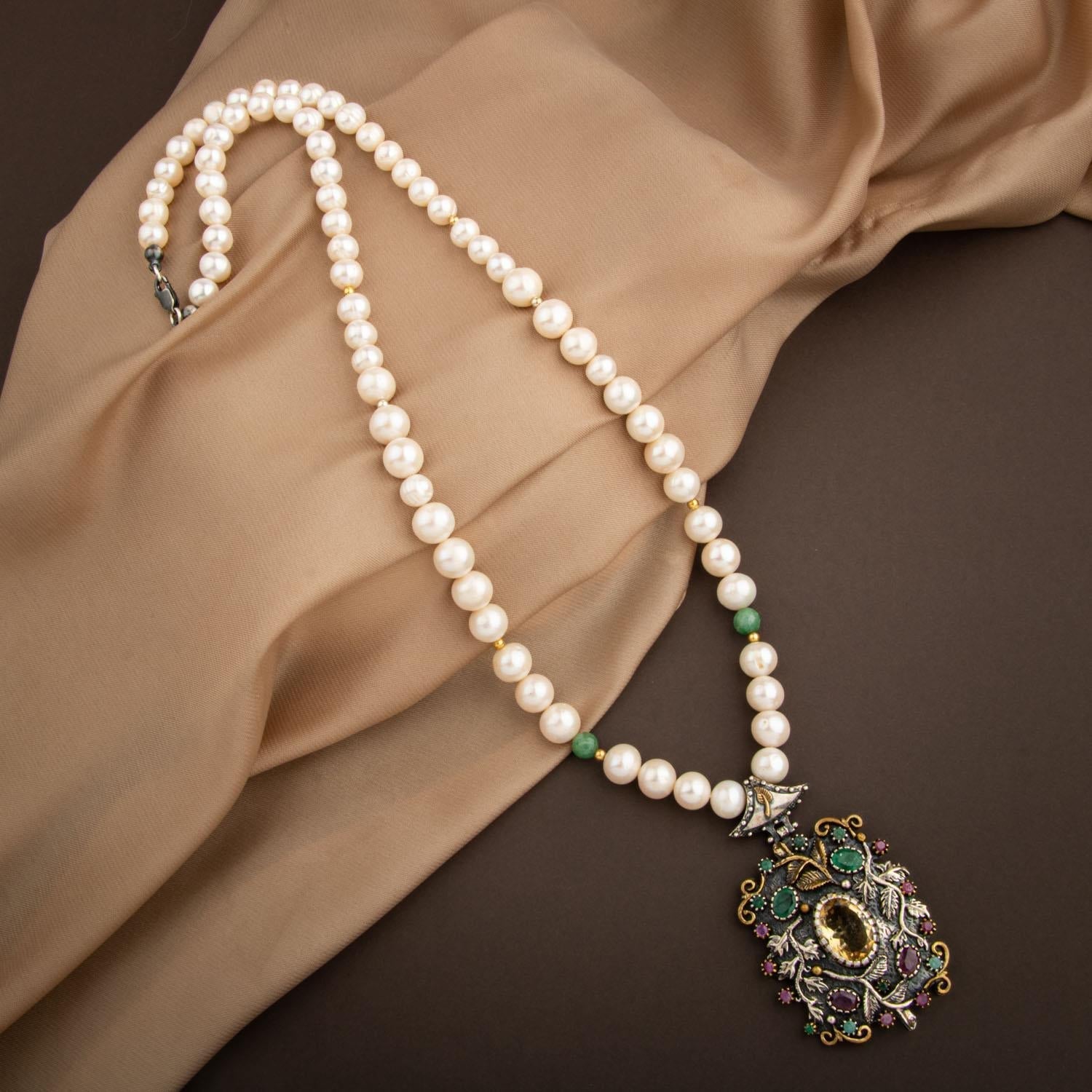 İnci-Zümrüt Doğal Taş El İşlemesi Koleksiyon Sitrin Kolye - 65cm