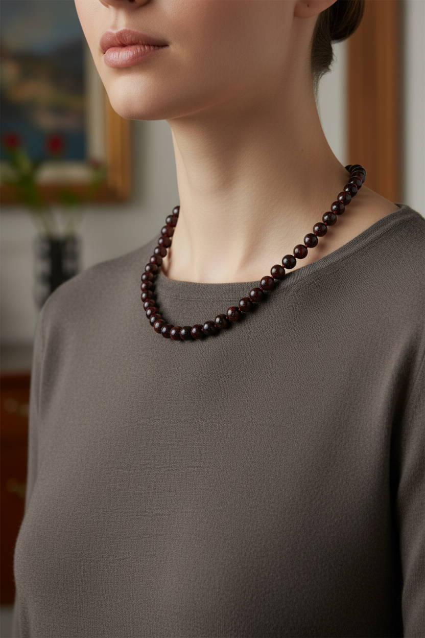 Dragon Jasper Doğal Taş Kolye – 8 mm Düğümlü, Unisex Tasarım