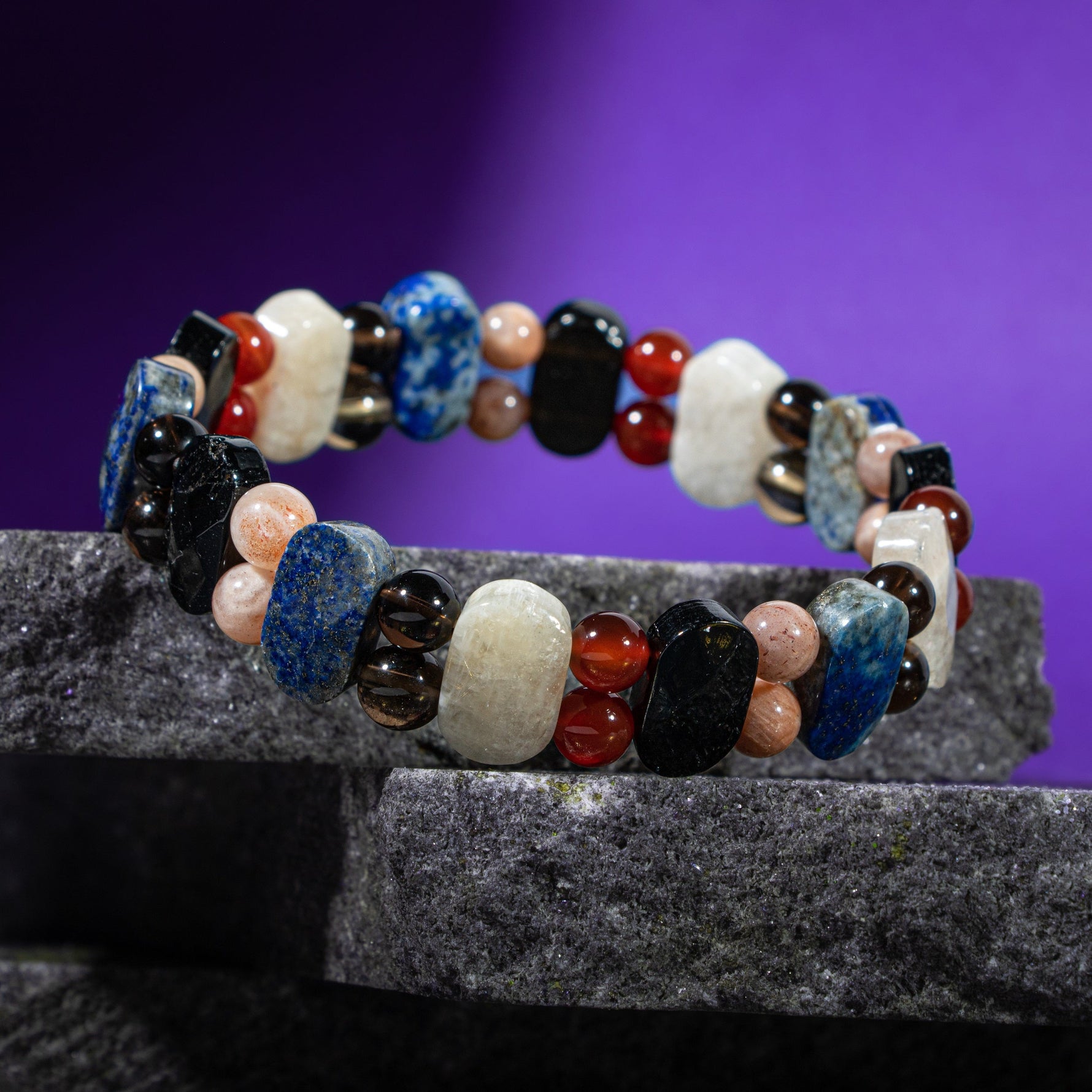 Terazi Burcu Bileklik Ay Taşı, Dumanlı Kuvars, Güneş Taşı, Kırmızı Akik, Lapis Lazuli, Siyah Turmalin