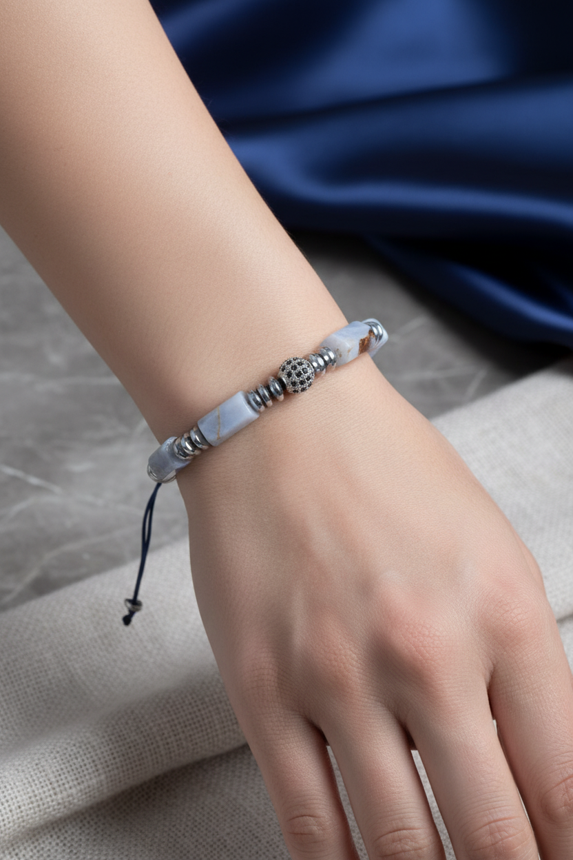 Kalsedon ve Hematit Doğal Taş Bileklik – Unisex Şık Tasarım