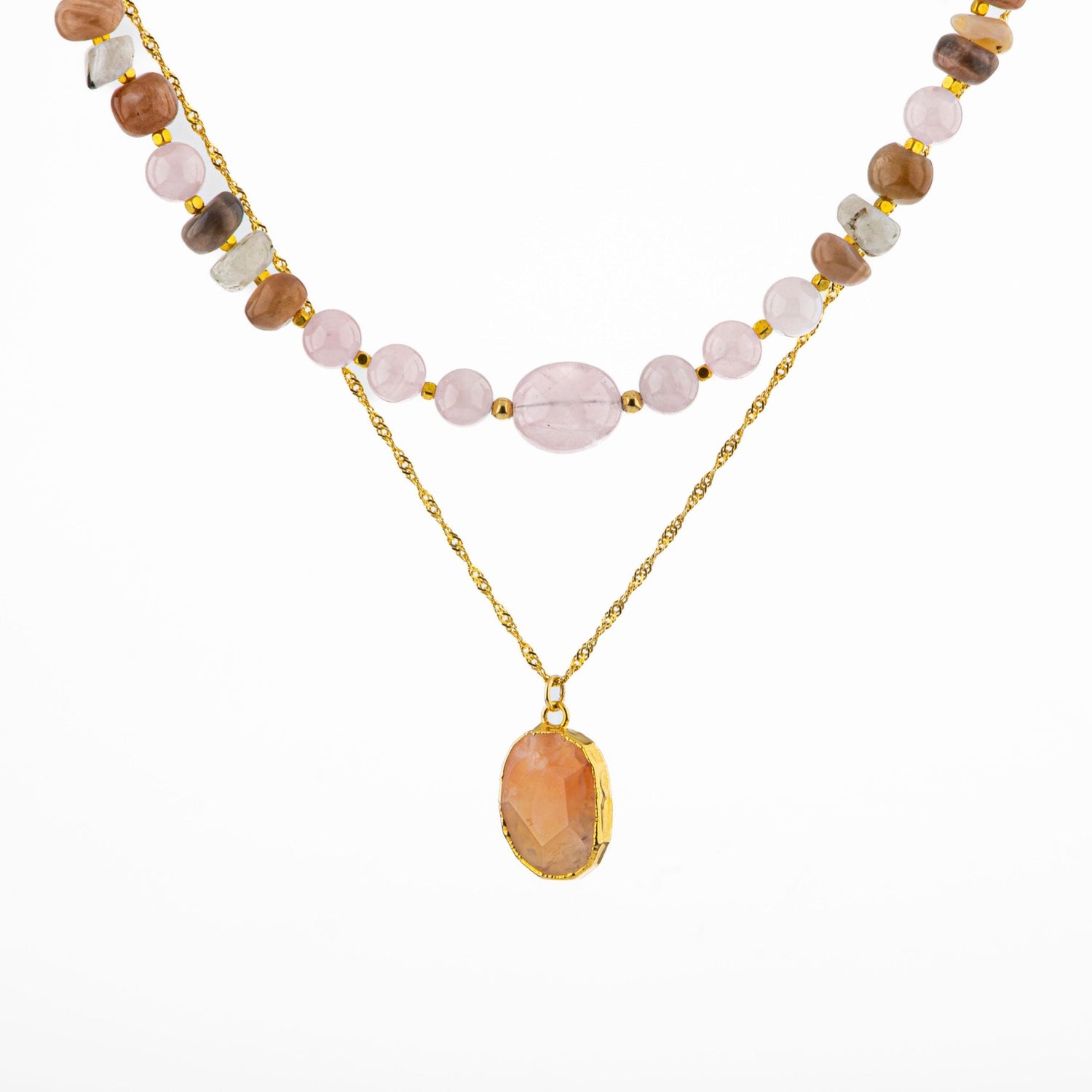 Ay Taşı-Pembe Kuvars-Güneş Taşı Doğal Taş Kolye