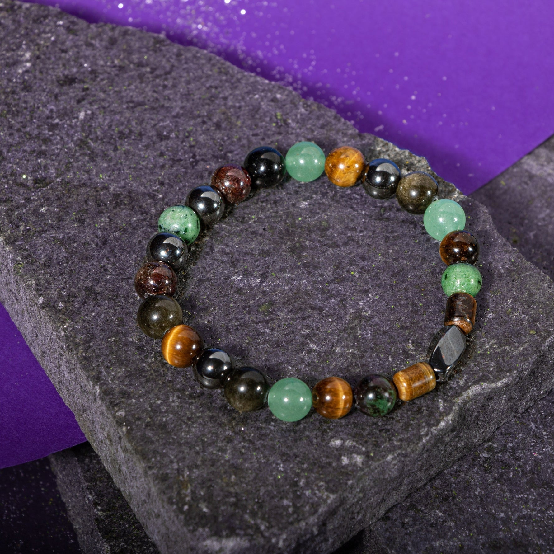 Yengeç Burcu Bileklik Anyolit, Golden Obsidyen, Kaplan Gözü, Yeşil Aventurin