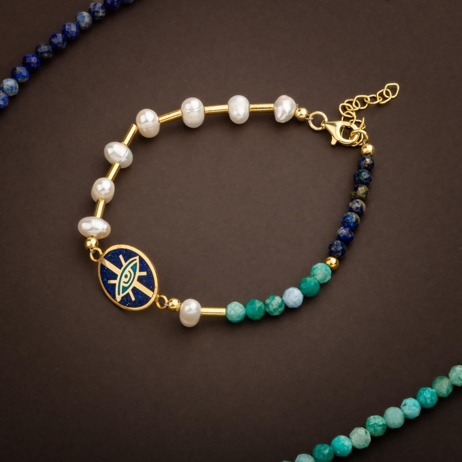 Mozaik Lapis Lazuli Taşlı-Amazonit-İnci Doğal Taş Gümüş Tasarım Kolye Bileklik Seti - 54cm