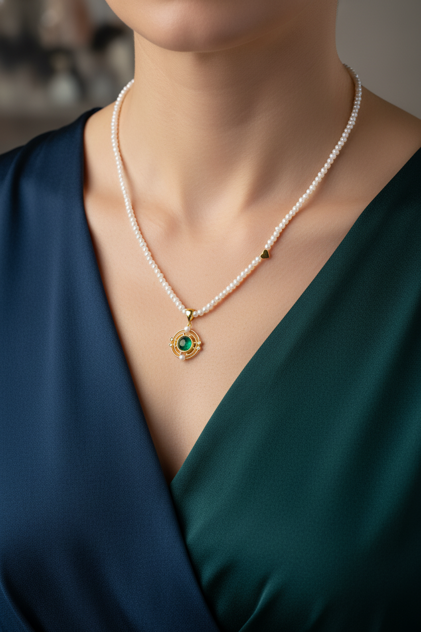 Malakit Taşlı & İnci Doğal Taş 925 Ayar Gümüş Tasarım Kolye – 54 cm – Özel Tasarım