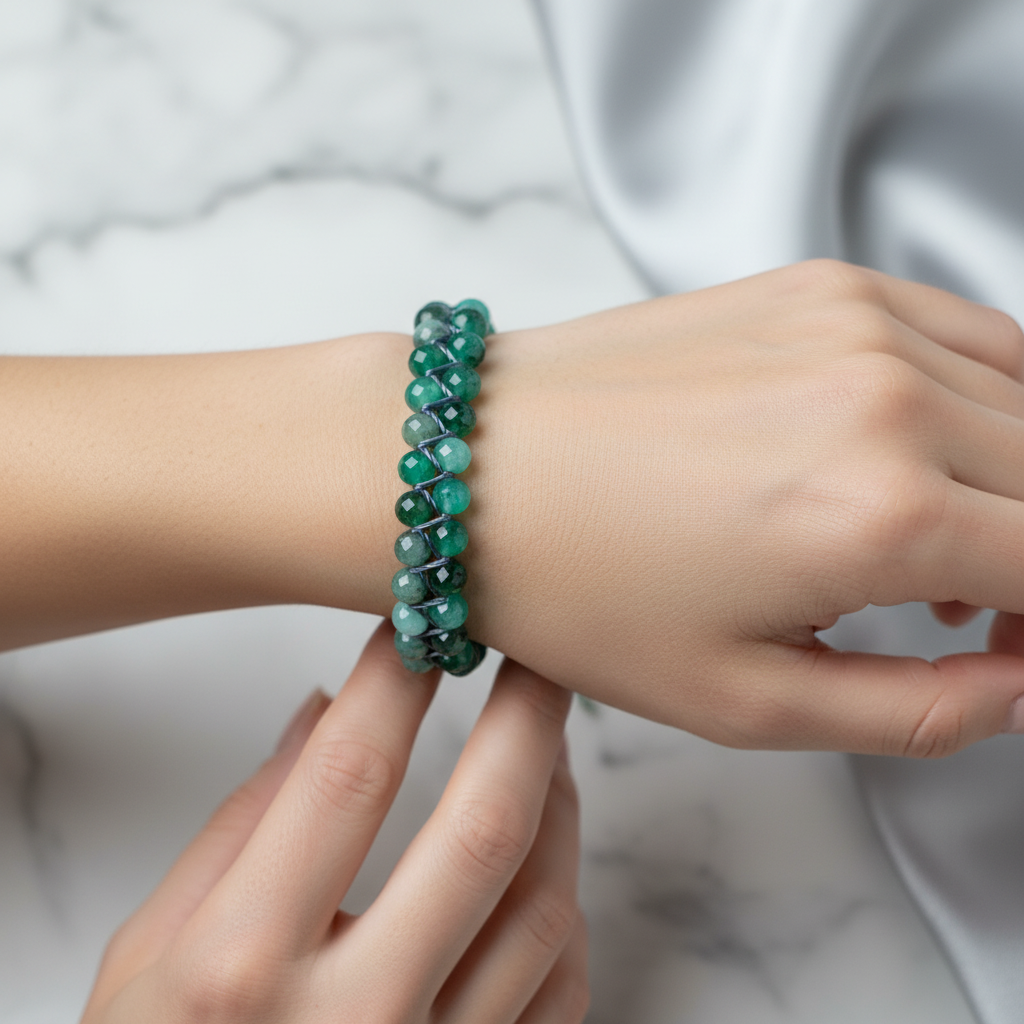 Zümrüt 3-4 mm Çift Sıra Doğal Taş Bileklik – Unisex El İşçiliği