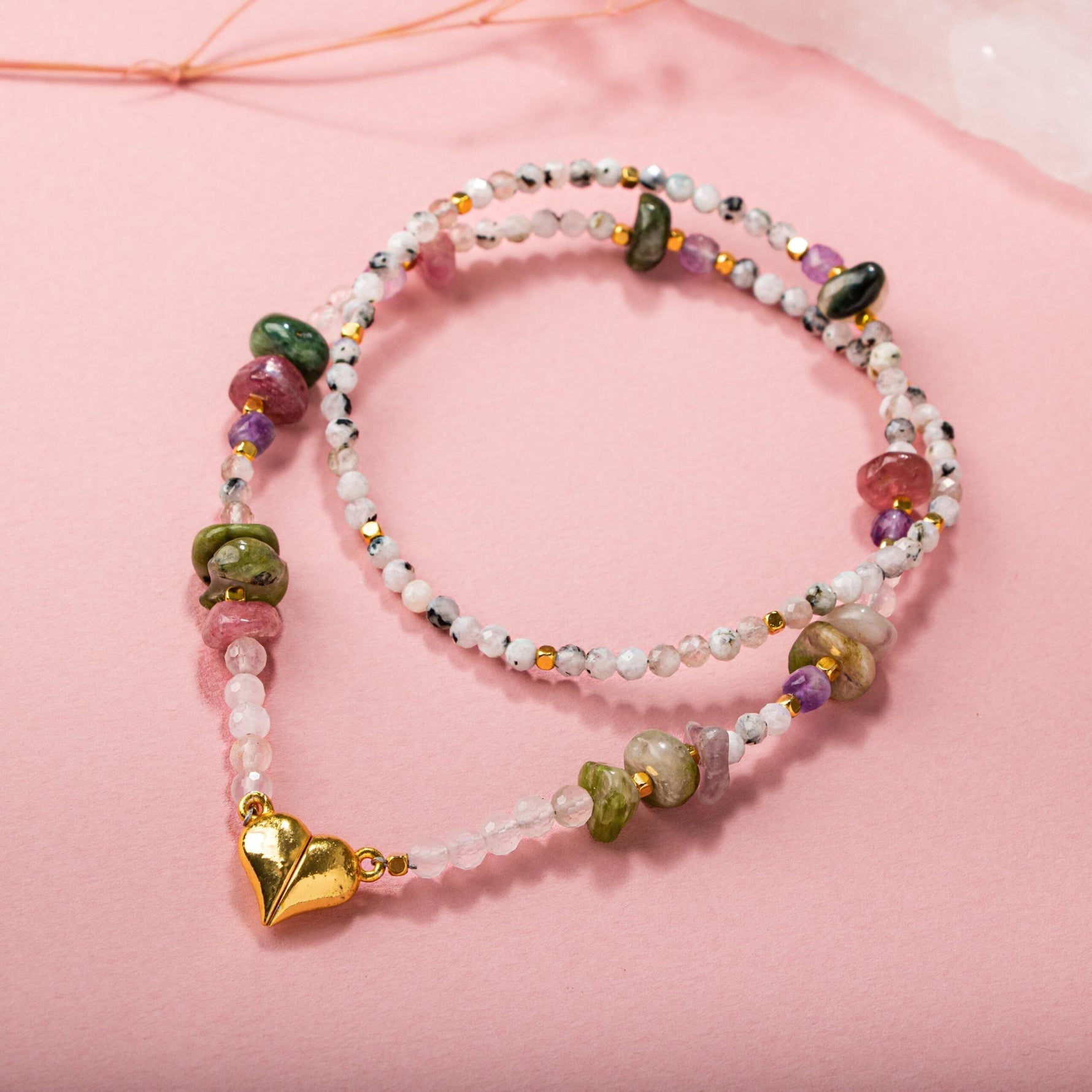 Ay Taşı-Ametist-Renkli Turmalin Doğal Taş Kalpli Kapama Kolye