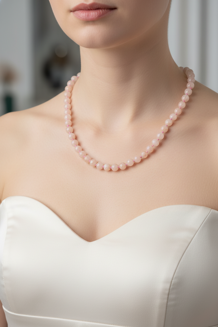 Morganit Doğal Taş Kolye – 8 mm Düğümlü, Unisex Tasarım